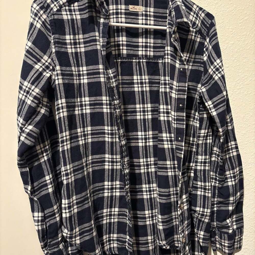 Hollister Plaid Button-Up Flannel Shirt Size S Navy White